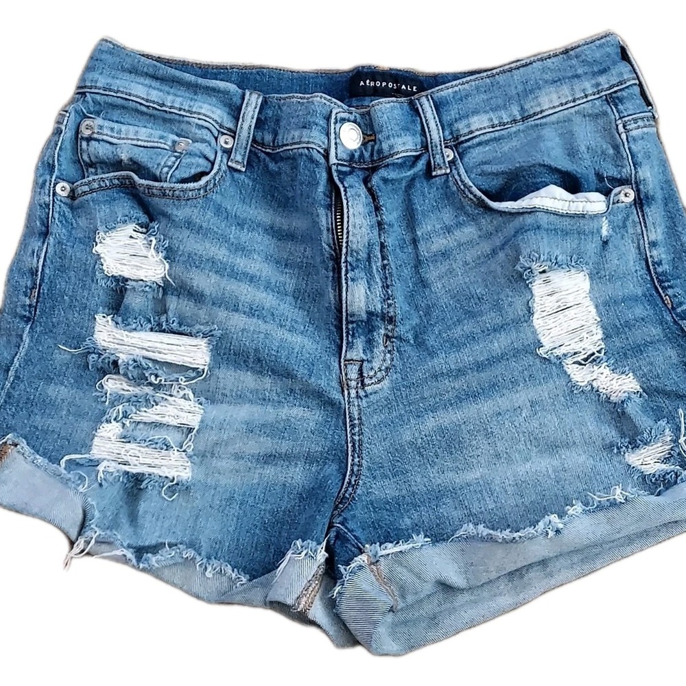 Aeropostale Womens 12 Medium Wash Mom Short Distressed Denim High Rise
